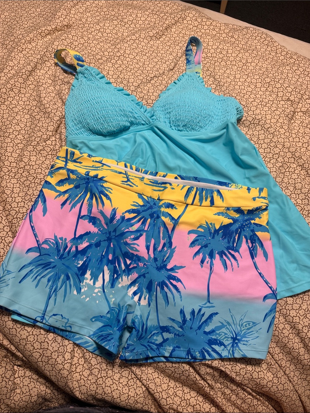 NWOT Turquoise Tankini Top and Tropical Palm Print Swim Shorts Set